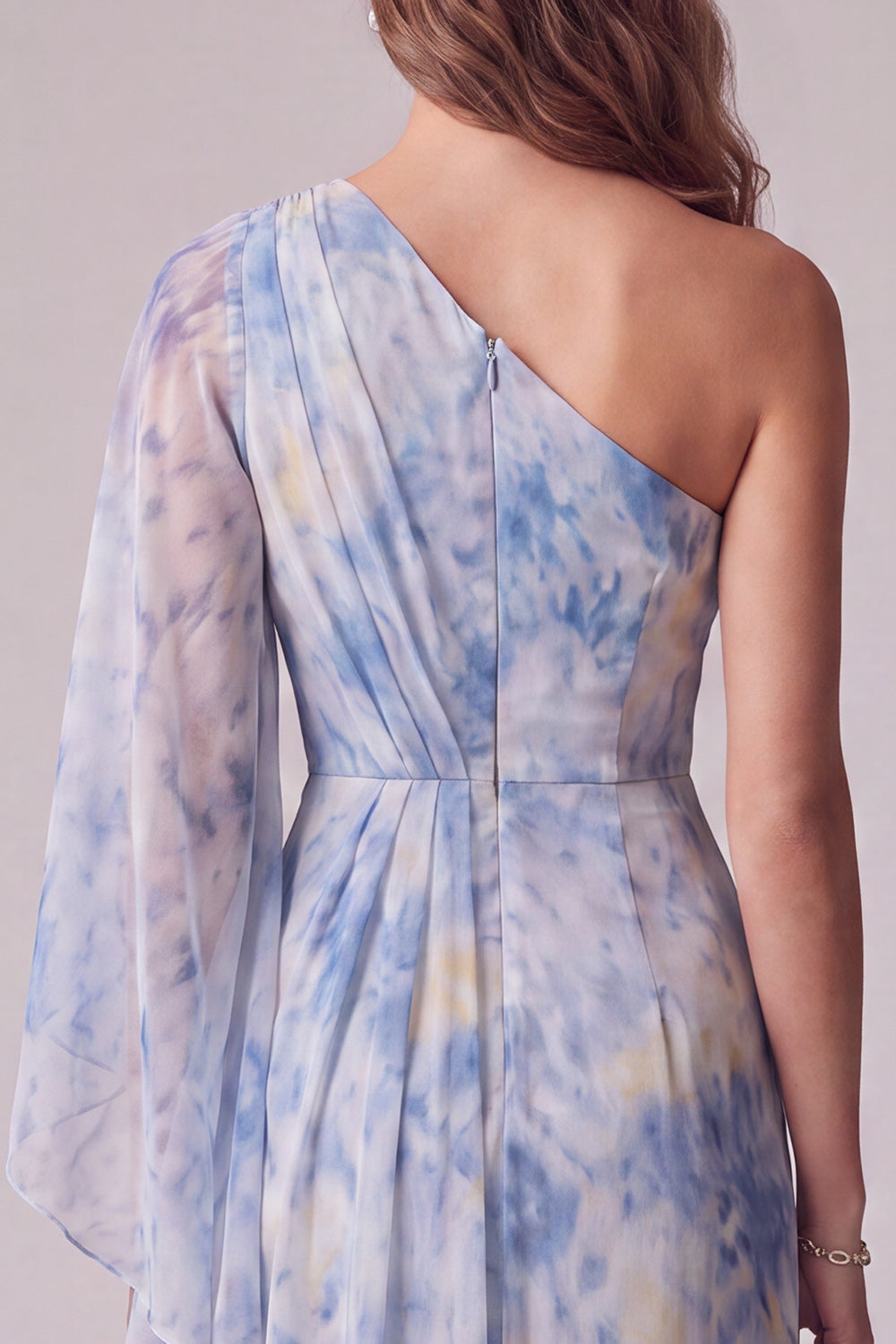 Sheath Dusty Blue Floral One Shoulder Maxi Formal Dress with Sleeve