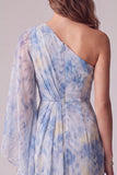 Sheath Dusty Blue Floral One Shoulder Maxi Formal Dress with Sleeve