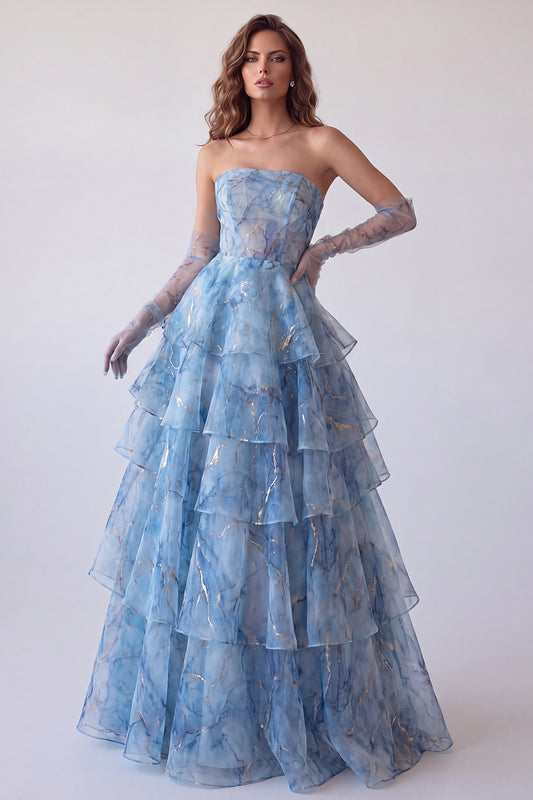 A Line Dusty Blue Corset Tiered Ruffled Long Formal Dress