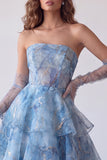 A Line Dusty Blue Corset Tiered Ruffled Long Formal Dress