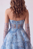 A Line Dusty Blue Corset Tiered Ruffled Long Formal Dress