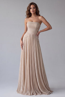Champagne A Line Pleated Strapless Long Formal Dress