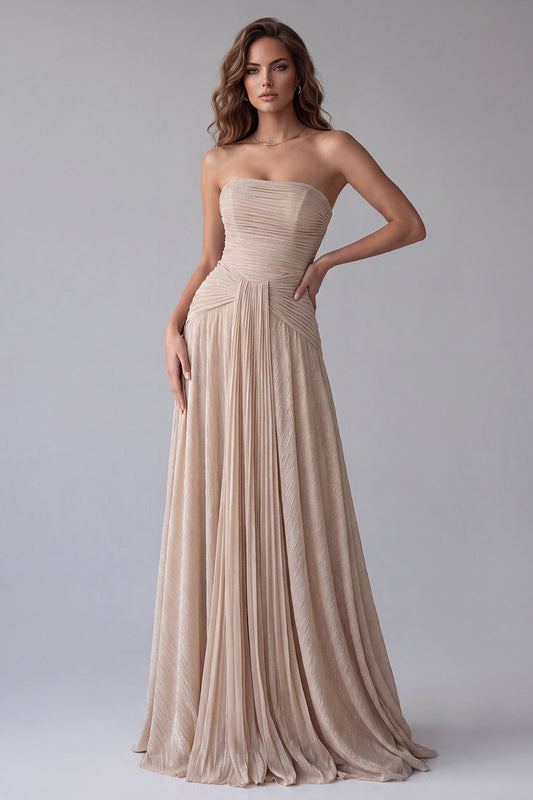 Champagne A Line Pleated Strapless Long Formal Dress