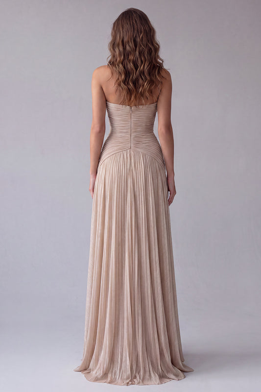 Champagne A Line Pleated Strapless Long Formal Dress