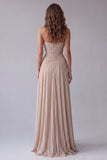 Champagne A Line Pleated Strapless Long Formal Dress
