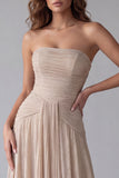 Champagne A Line Pleated Strapless Long Formal Dress