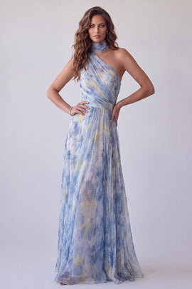 Floral Dusty Blue One Shoulder Pleated Long Formal Dress