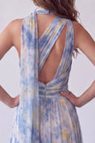 Floral Dusty Blue One Shoulder Pleated Long Formal Dress