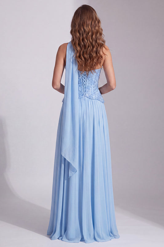 Sky Blue A Line Sequin Sparkly Long Formal Dress with Neck Scarf