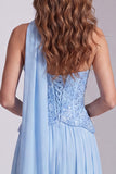 Sky Blue A Line Sequin Sparkly Long Formal Dress with Neck Scarf