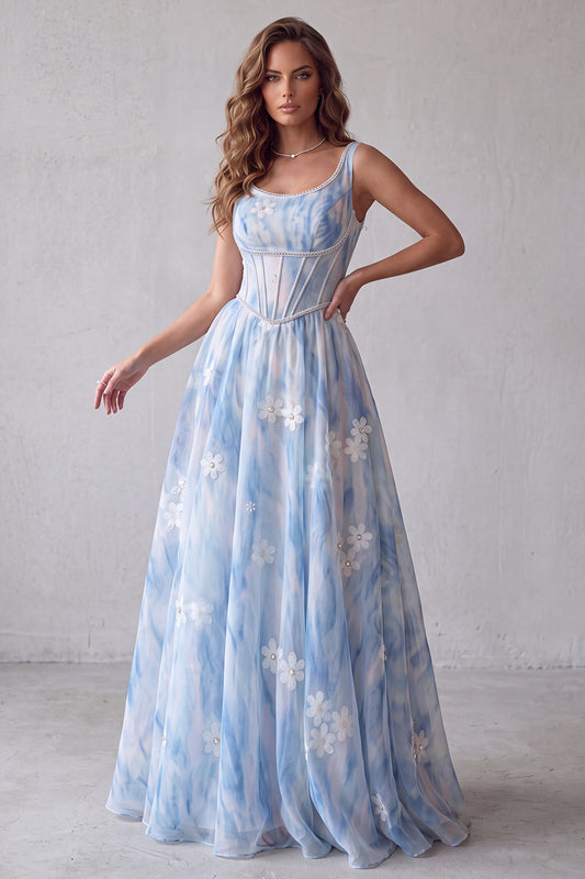Light Blue Floral A Line Corset Beaded Long Formal Dress