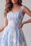 Light Blue Floral A Line Corset Beaded Long Formal Dress