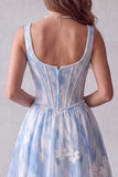 Light Blue Floral A Line Corset Beaded Long Formal Dress