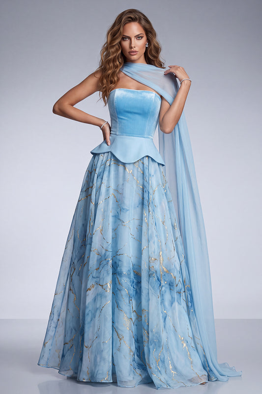 Sky Blue A Line Velvet Strapless Long Formal Dress with Side Cape