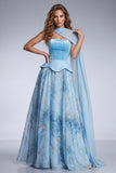Sky Blue A Line Velvet Strapless Long Formal Dress with Side Cape