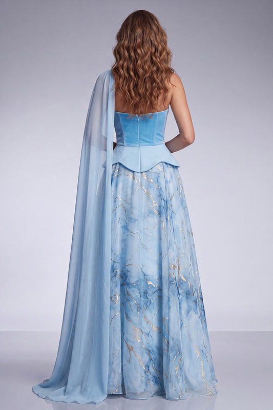 Sky Blue A Line Velvet Strapless Long Formal Dress with Side Cape