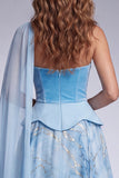 Sky Blue A Line Velvet Strapless Long Formal Dress with Side Cape
