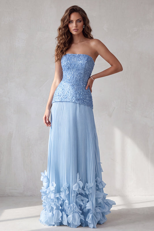 Blue A Line Pleated Sequin Sparkly Long Formal Dress with 3D Flowers