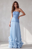 Blue A Line Pleated Sequin Sparkly Long Formal Dress with 3D Flowers
