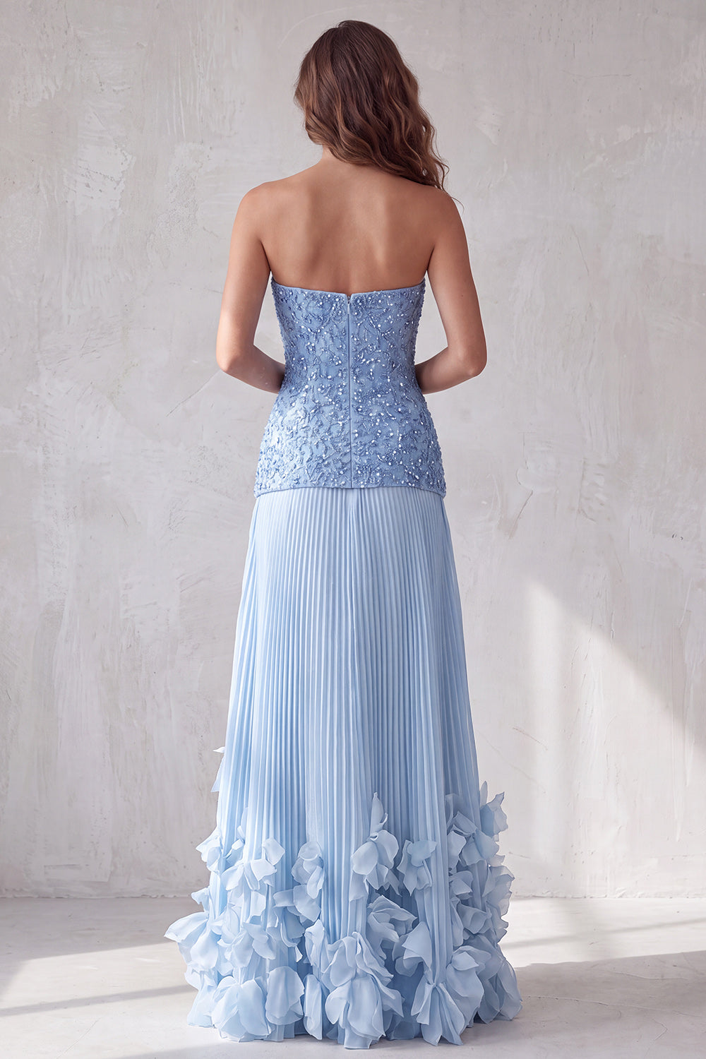 Blue A Line Pleated Sequin Sparkly Long Formal Dress with 3D Flowers