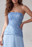 Blue A Line Pleated Sequin Sparkly Long Formal Dress with 3D Flowers
