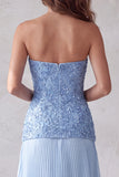 Blue A Line Pleated Sequin Sparkly Long Formal Dress with 3D Flowers