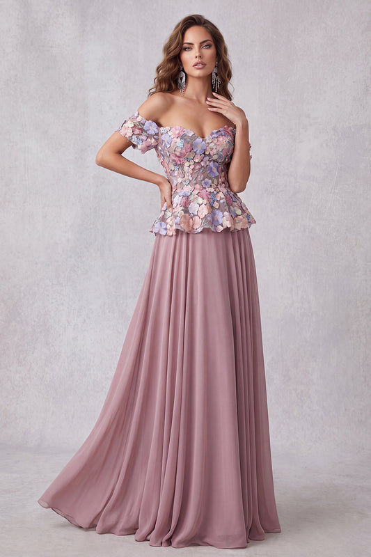 Vintage Mauve Floral A Line Chiffon Off the Shoulder Long Formal Dress