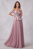 Vintage Mauve Floral A Line Chiffon Off the Shoulder Long Formal Dress