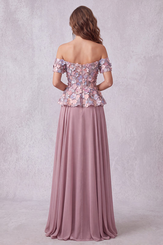 Vintage Mauve Floral A Line Chiffon Off the Shoulder Long Formal Dress