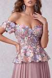 Vintage Mauve Floral A Line Chiffon Off the Shoulder Long Formal Dress