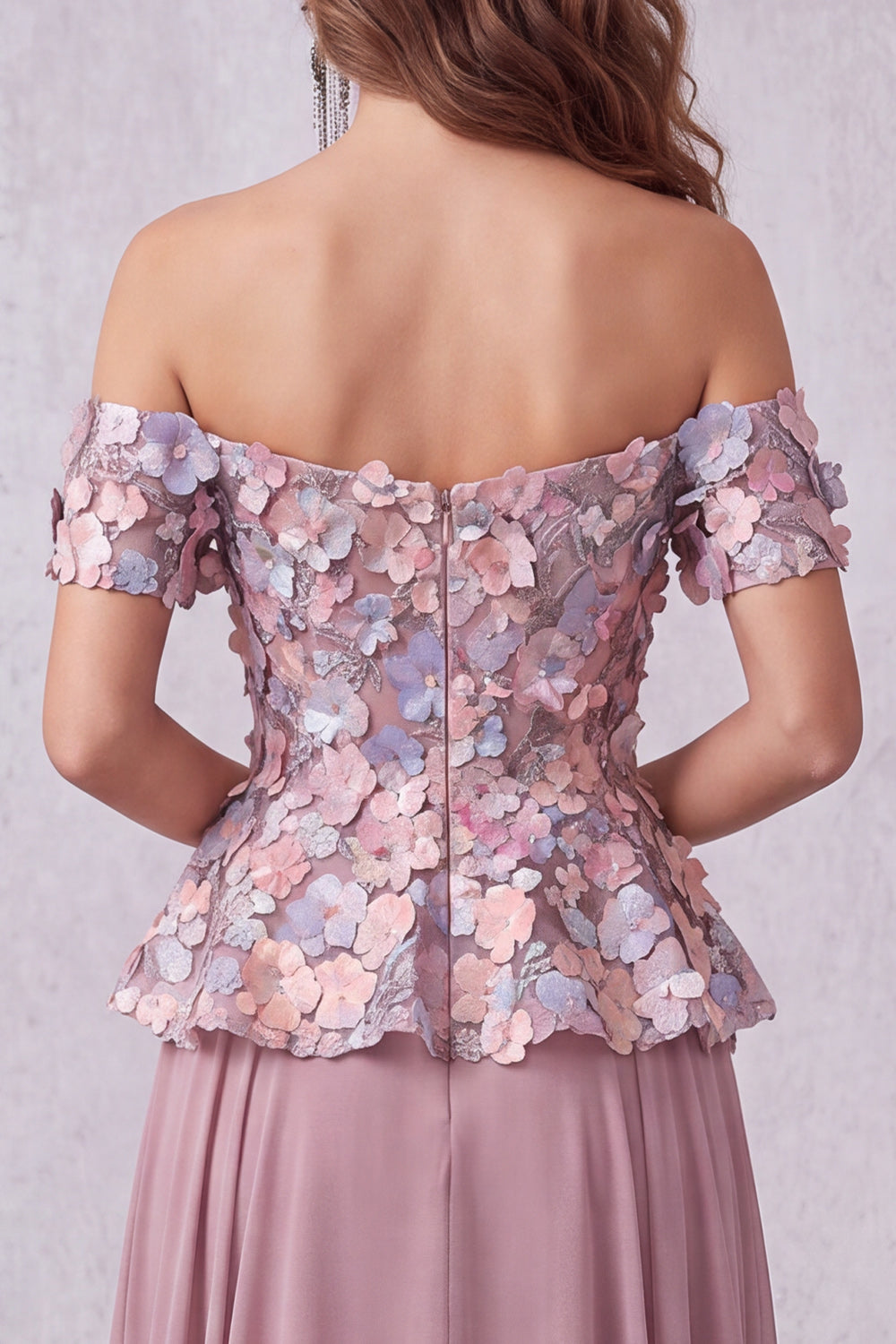 Vintage Mauve Floral A Line Chiffon Off the Shoulder Long Formal Dress