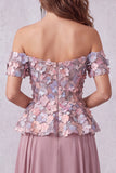 Vintage Mauve Floral A Line Chiffon Off the Shoulder Long Formal Dress
