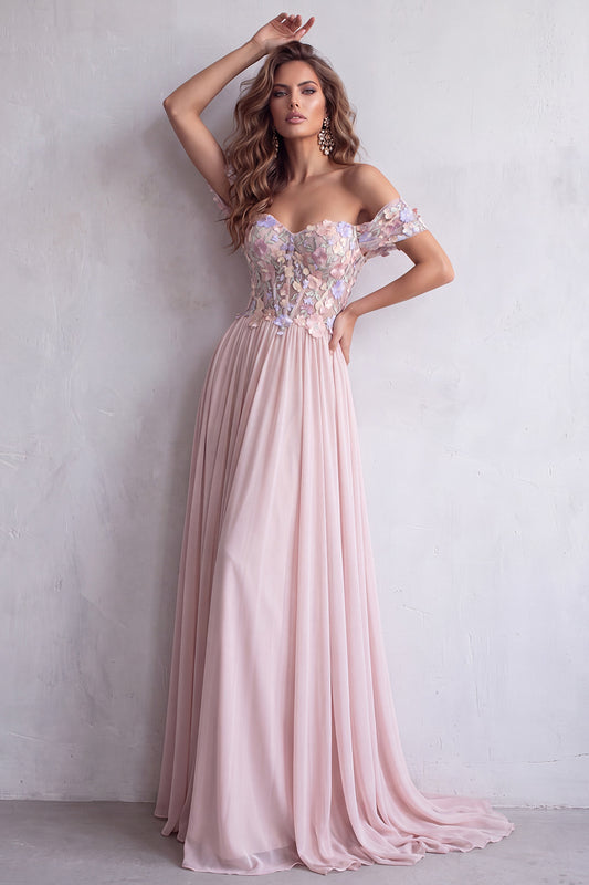 A Line Light Pink Floral Corset Chiffon Long Formal Dress