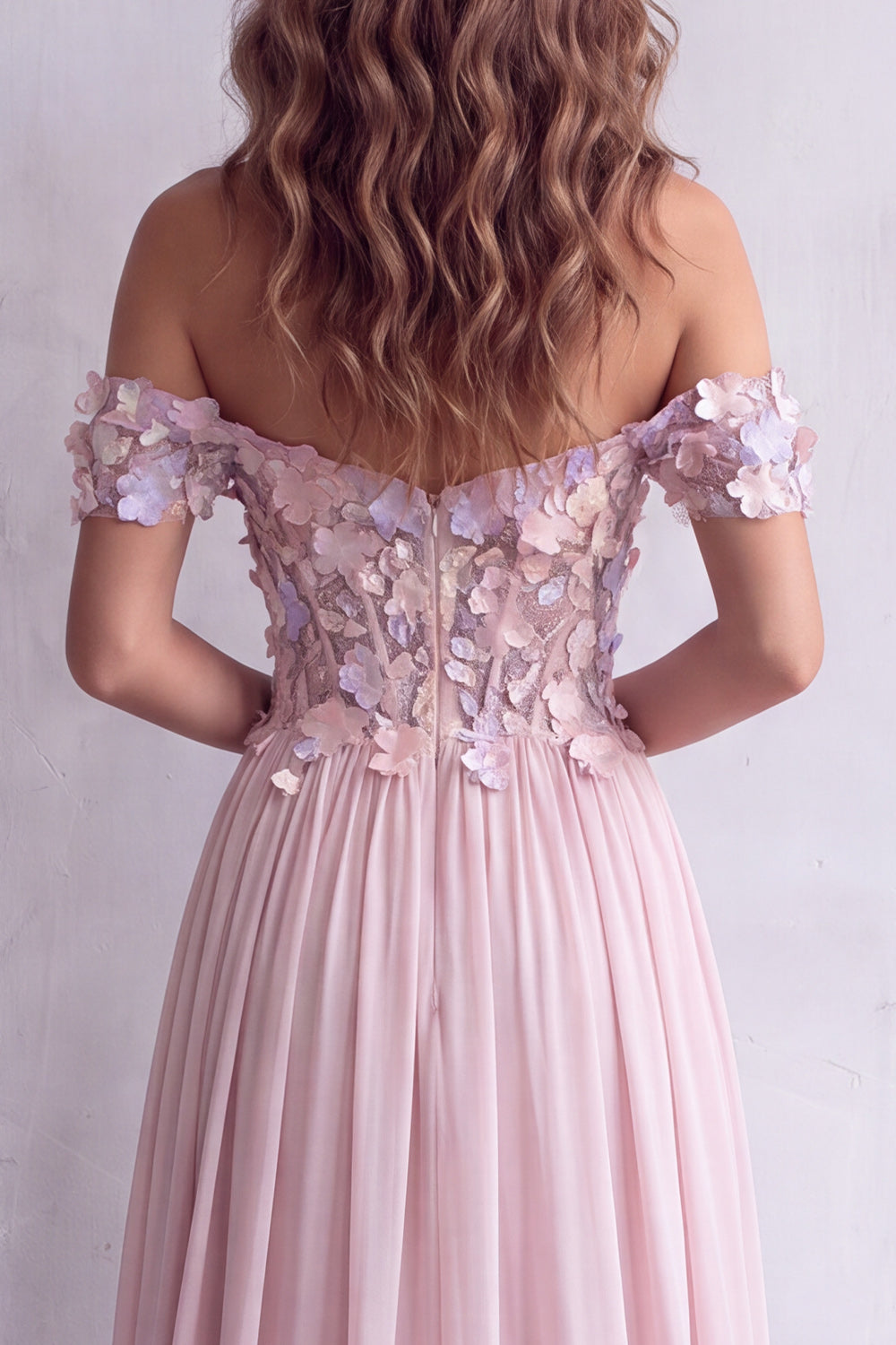 A Line Light Pink Floral Corset Chiffon Long Formal Dress