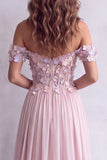 A Line Light Pink Floral Corset Chiffon Long Formal Dress