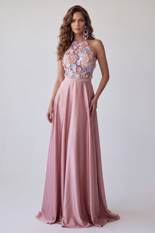 Halter Pink A Line Floral Satin Keyhole Back Long Formal Dress
