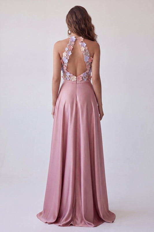 Halter Pink A Line Floral Satin Keyhole Back Long Formal Dress