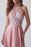 Halter Pink A Line Floral Satin Keyhole Back Long Formal Dress