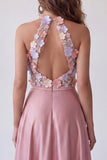 Halter Pink A Line Floral Satin Keyhole Back Long Formal Dress