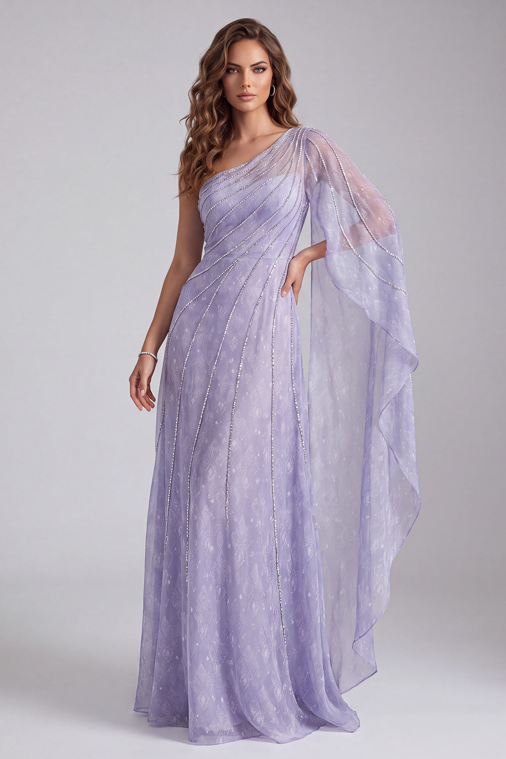 Lilac One Shoulder Sparkly Beaded Long Formal Dress with Side Cape