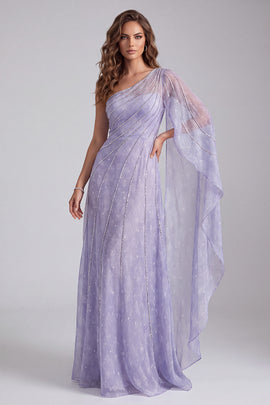 Lilac One Shoulder Sparkly Beaded Long Formal Dress with Side Cape