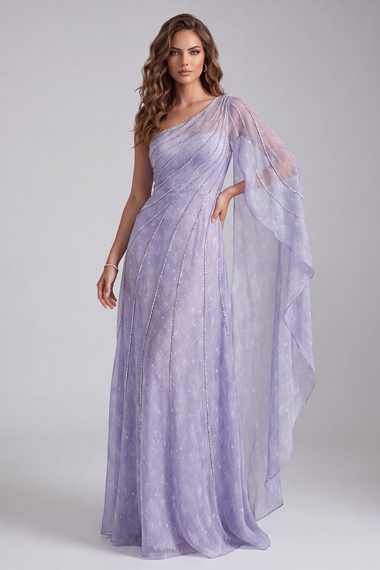 Lilac One Shoulder Sparkly Beaded Long Formal Dress with Side Cape