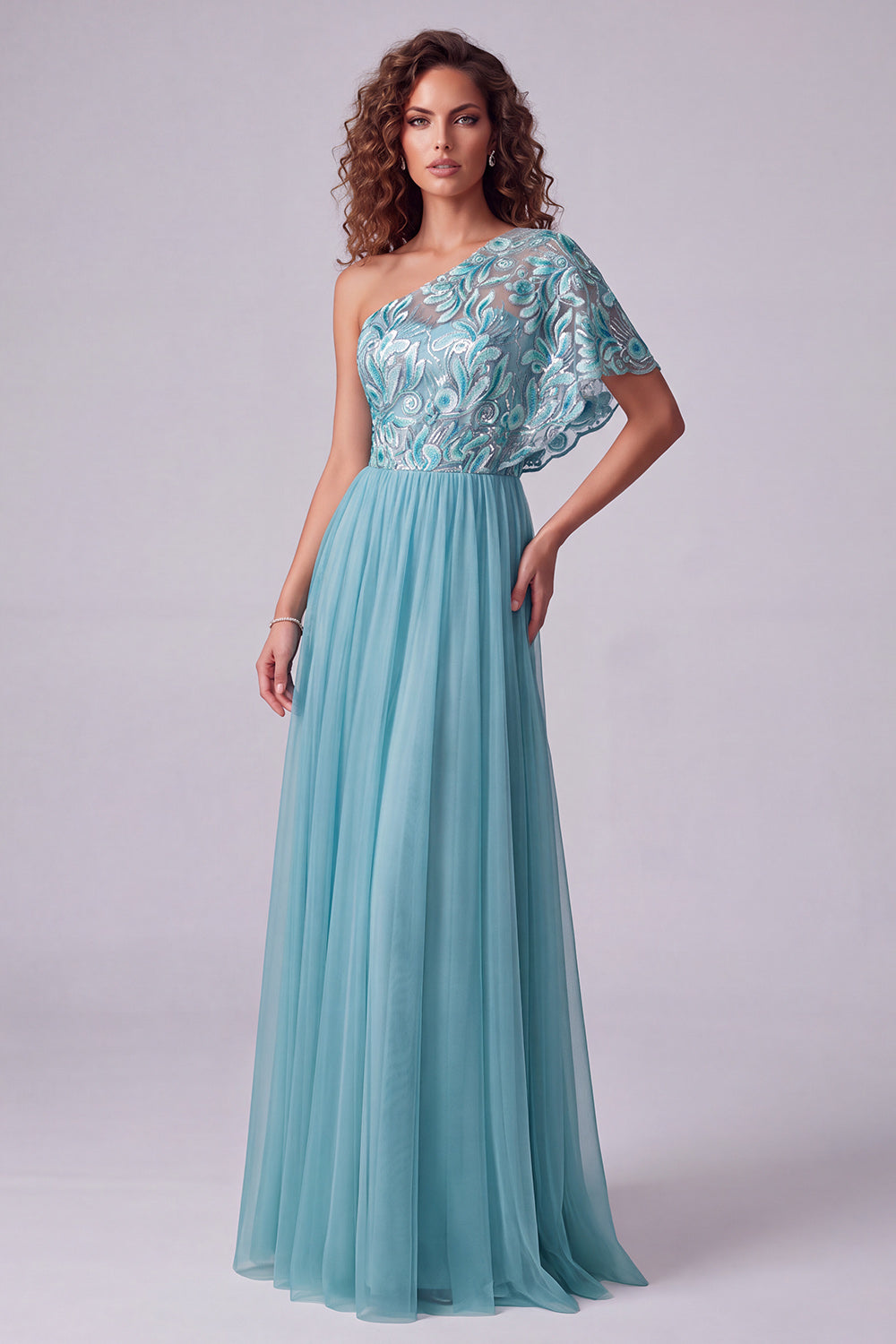 A Line Pink Floral One Shoulder Long Formal Dress with Sleeve