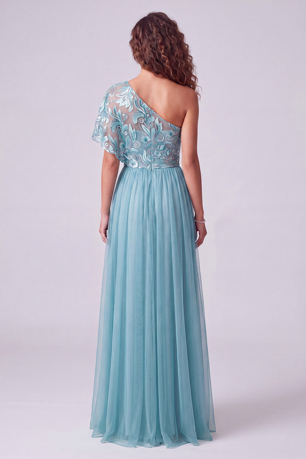 A Line Pink Floral One Shoulder Long Formal Dress with Sleeve