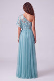 A Line Pink Floral One Shoulder Long Formal Dress with Sleeve
