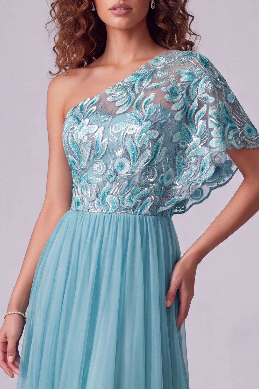 A Line Pink Floral One Shoulder Long Formal Dress with Sleeve