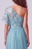 A Line Pink Floral One Shoulder Long Formal Dress with Sleeve