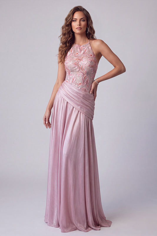 Floral Pink A Line Halter Sequin Draped Long Formal Dress
