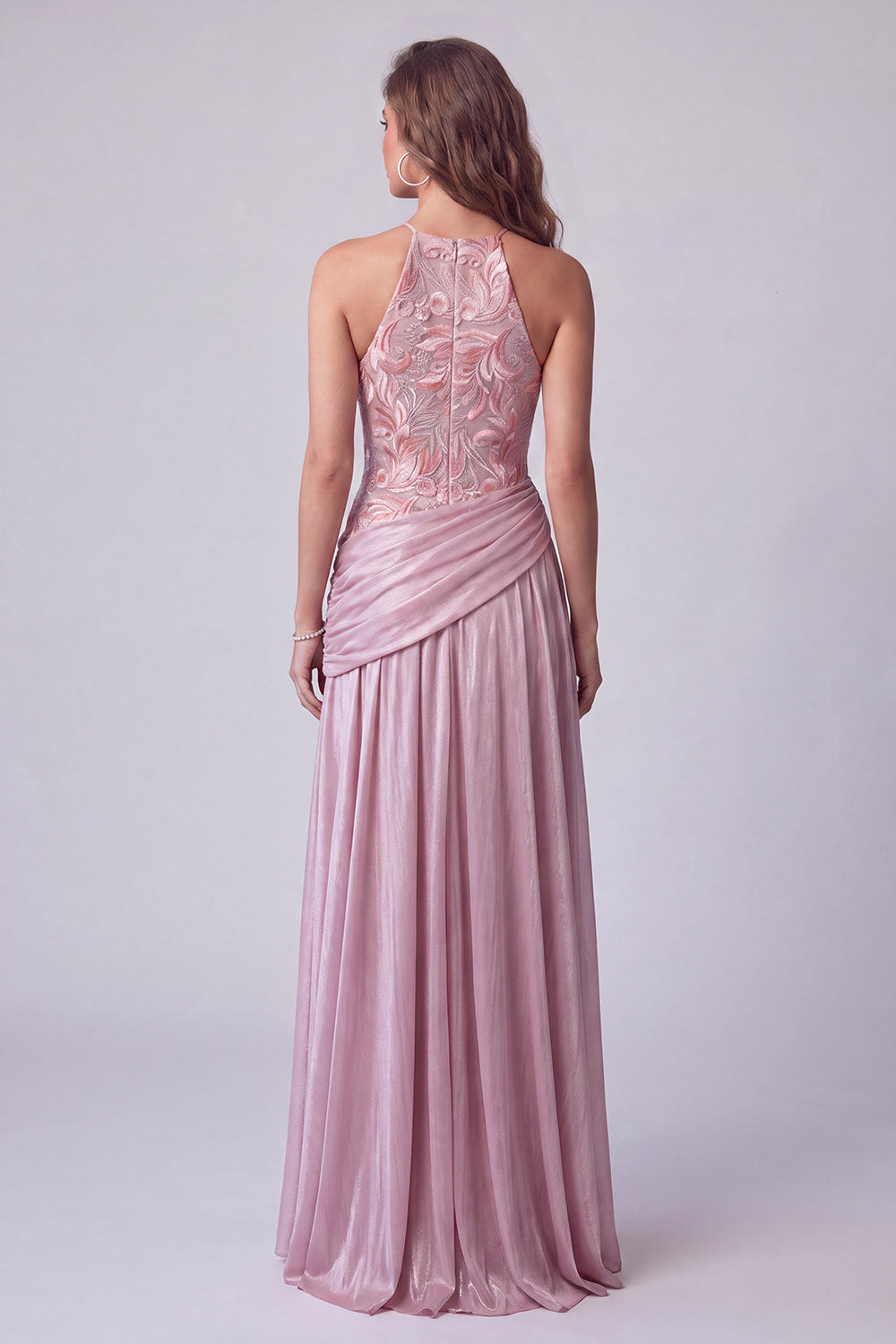 Floral Pink A Line Halter Sequin Draped Long Formal Dress