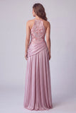 Floral Pink A Line Halter Sequin Draped Long Formal Dress